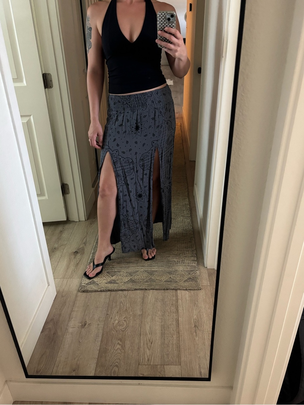 Earthbound Gray Split Maxi Skirt with Paisley Print